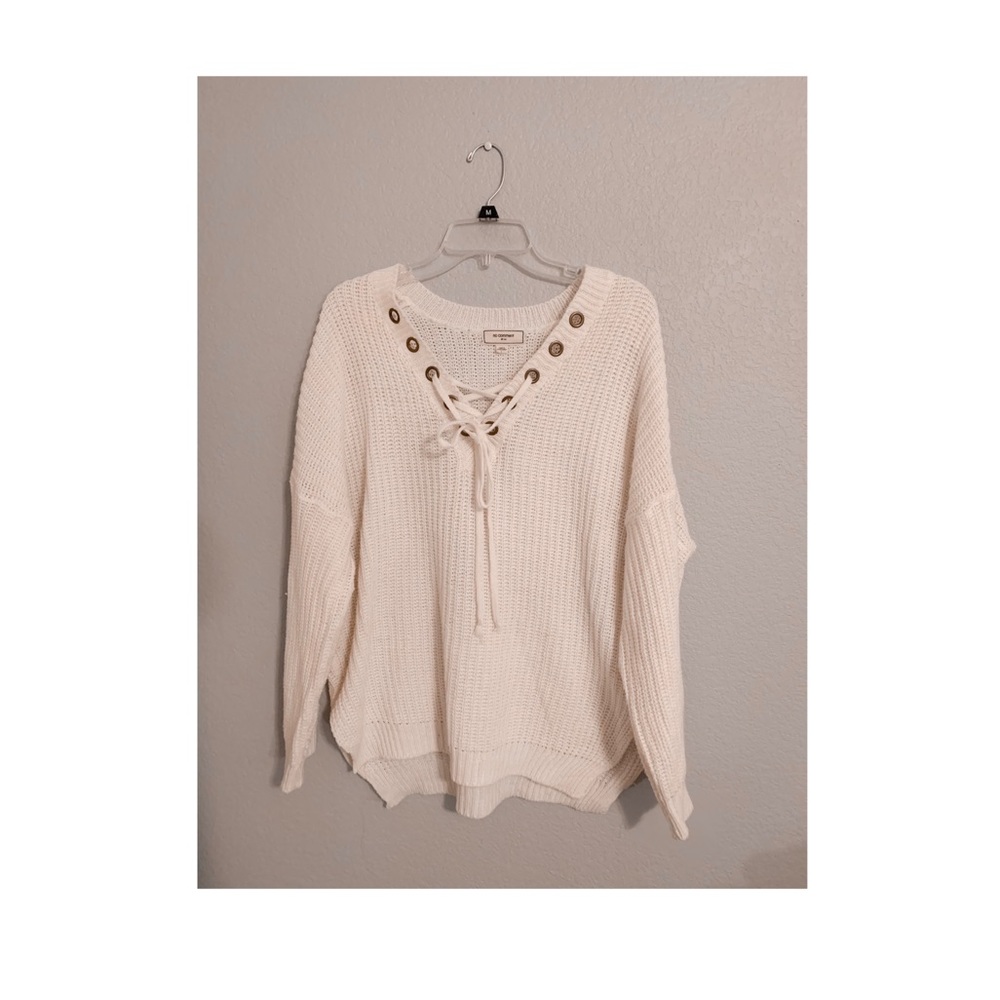 Rib Knit Lace Up V-Neck Sweater